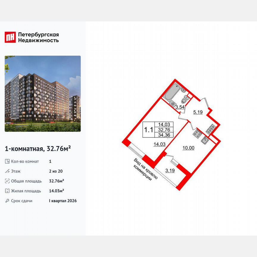 1-к. квартира, 32,8 м², 2/20 эт.