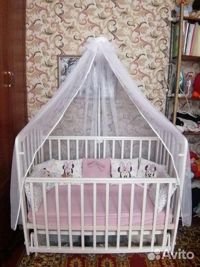 Детская кровать с маятником+матрас+балдахин
