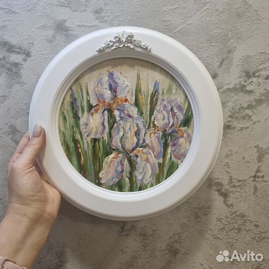 Картина ирисы маслом цветы круглая картина