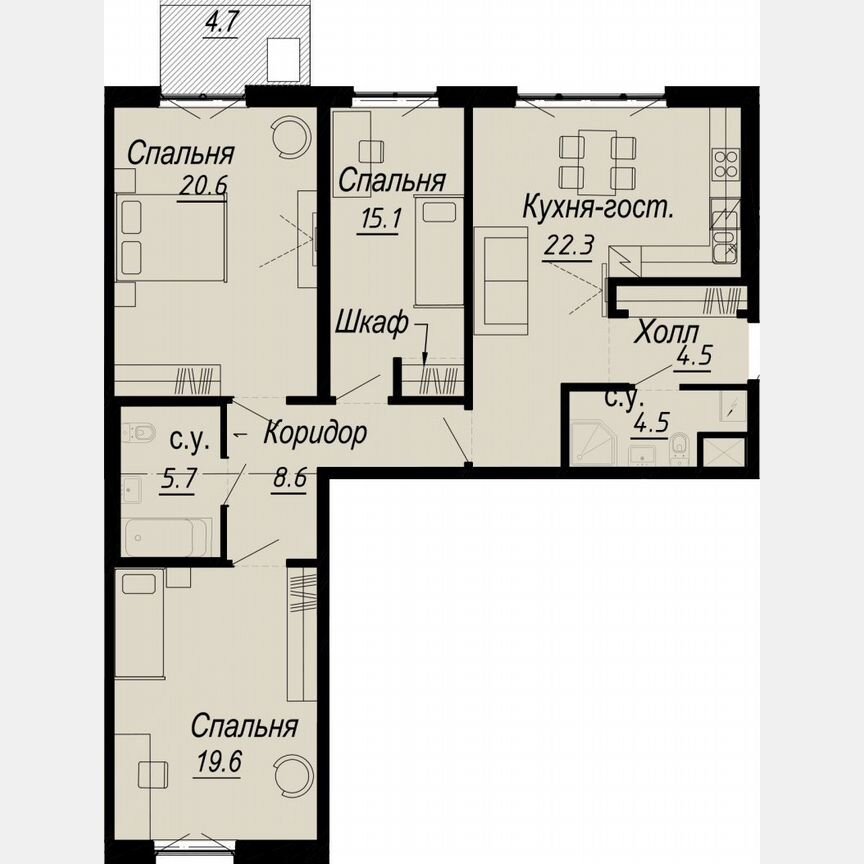 3-к. квартира, 105,1 м², 5/8 эт.