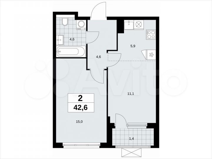 2-к. квартира, 42,6 м², 9/19 эт.