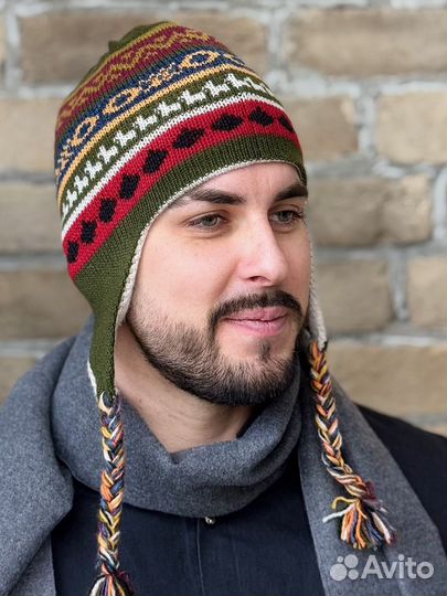 Мужская шапка двусторонняя с ушками зимняя Чульо 100% альпака цвет фисташковый-беж уно