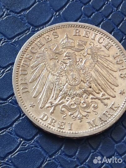 Монета серебро 3 марки 1913 год