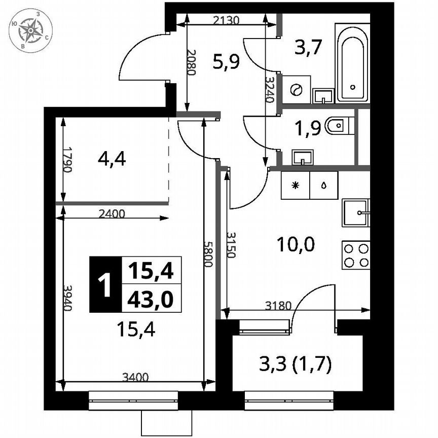 1-к. квартира, 43 м², 13/16 эт.