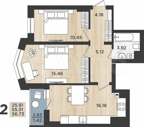 2-к. квартира, 56,7 м², 6/16 эт.