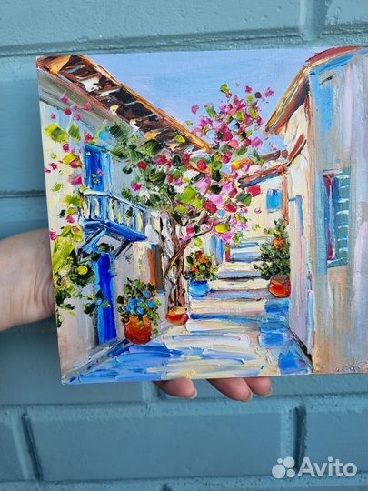 Греция картина маслом улица дома южный город