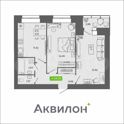2-к. квартира, 54 м², 10/11 эт.