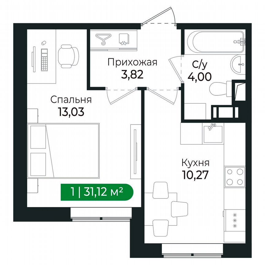 1-к. квартира, 31,1 м², 1/8 эт.
