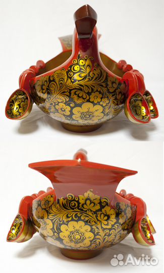 Братина и 12 ложек, дерево, роспись. Длина 50 см