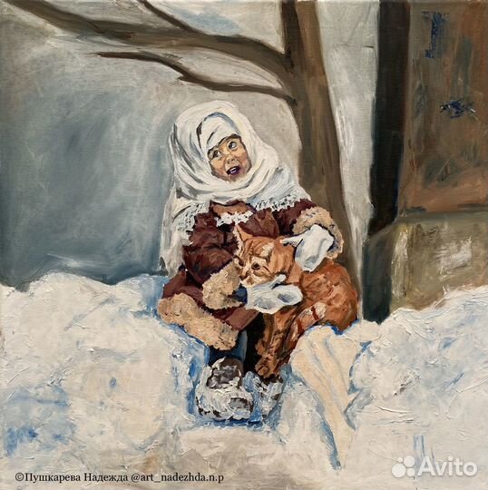 Картина маслом пейзаж Девочка с котом