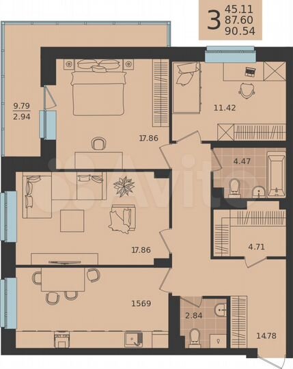 3-к. квартира, 90,5 м², 16/20 эт.