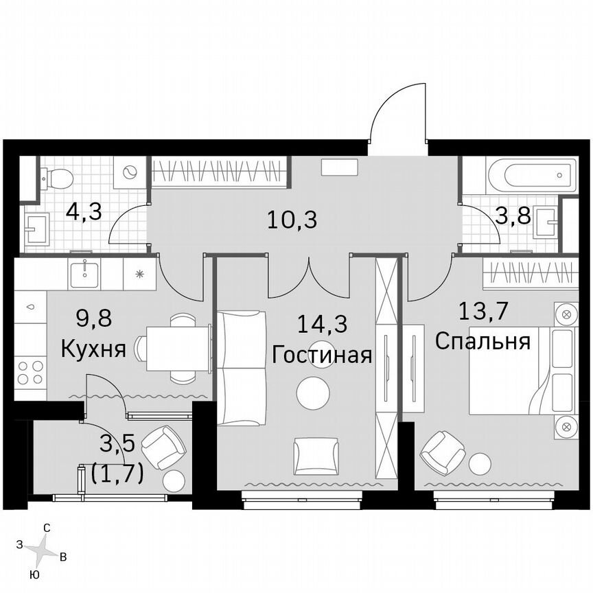 2-к. квартира, 57,9 м², 4/45 эт.