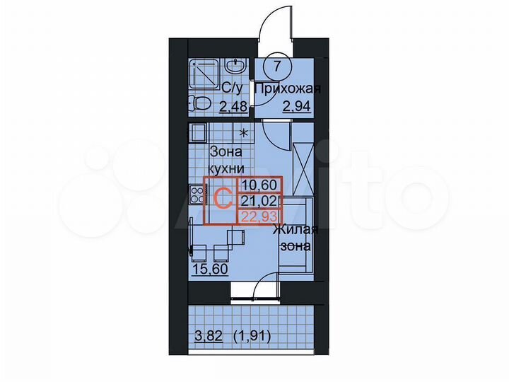 Квартира-студия, 22,9 м², 12/19 эт.