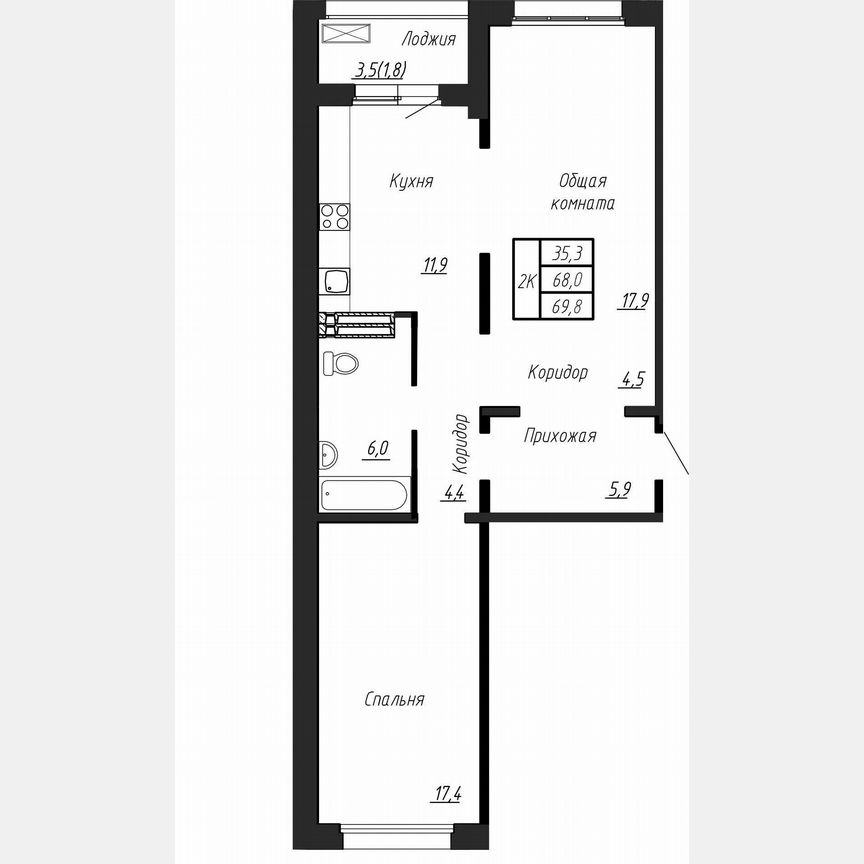 2-к. квартира, 69,8 м², 14/17 эт.