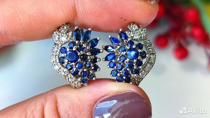 Серьги сапфиры Шри-Ланка, 2,18ct, 7,43гр 925