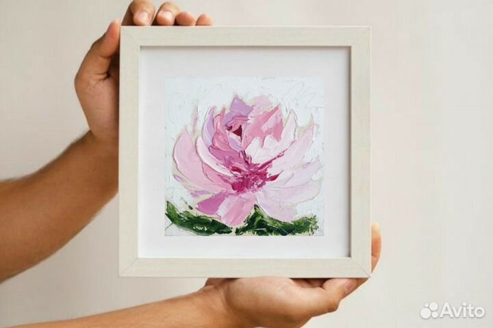 Картина Пионы маслом цветы на холсте 15х15 см