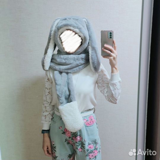 Шапка заяц/кролик с длинными ушками, шарфом, каваи