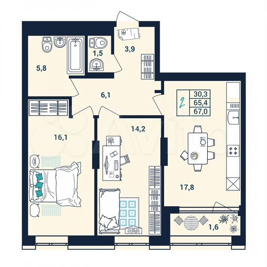 2-к. квартира, 67 м², 14/25 эт.