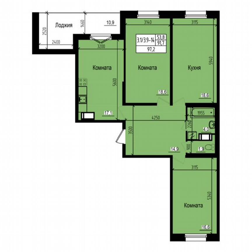 3-к. квартира, 97,2 м², 12/23 эт.