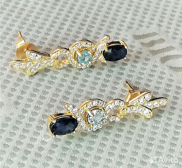 Серьги серебро сапфир, топаз С288