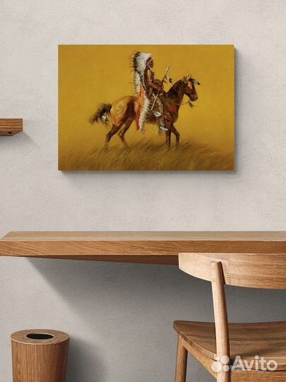 Картина оранжевая индеец на лошади 70 на 50