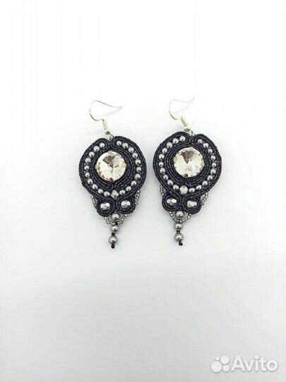 Серьги Сутажные с кристаллами Черные металлик блес