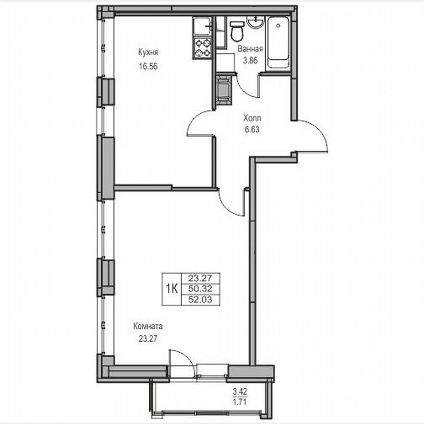 1-к. квартира, 52 м², 12/23 эт.