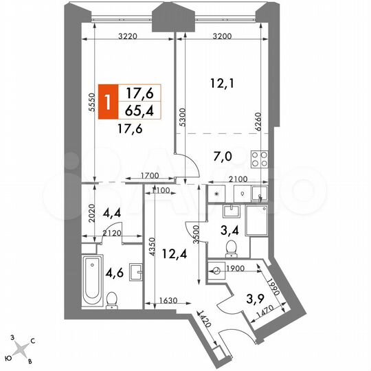 1-к. квартира, 65,4 м², 26/47 эт.