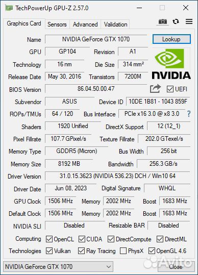 Asus GeForce GTX 1070 dual OC