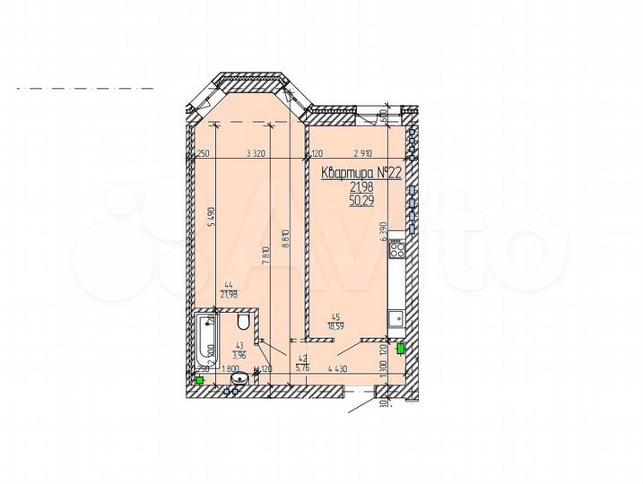 2-к. квартира, 50,3 м², 3/4 эт.