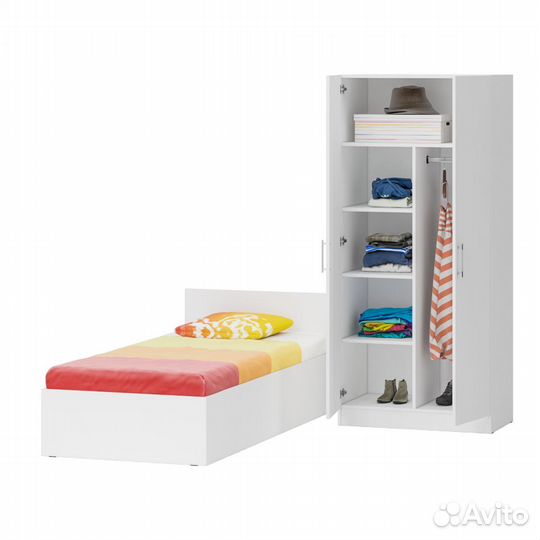 Кровать белая односпальная 900 со шкафом для одежды 2-х створчатым Стандарт, цвет белый, спальное ме