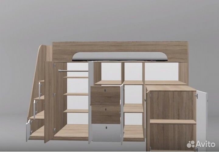 Кровать Чердак Со Столом и шкафом Дуб Молочный/Жел