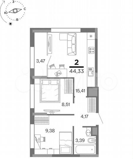 2-к. квартира, 44,3 м², 15/16 эт.