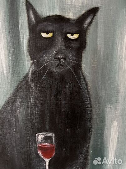 Картина кот с бокалом вина холст