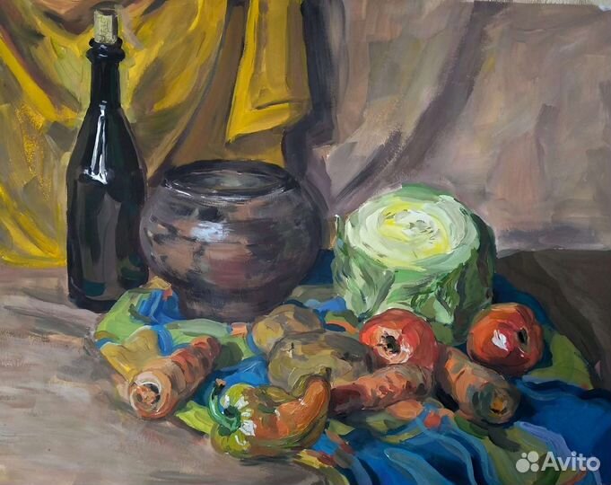 Картина гуашью на бумаге, натюрморт 65х49