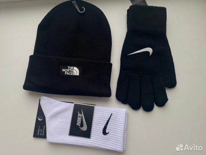 Зимний Комплект 3В1 Шапка TNF и перчатки nike