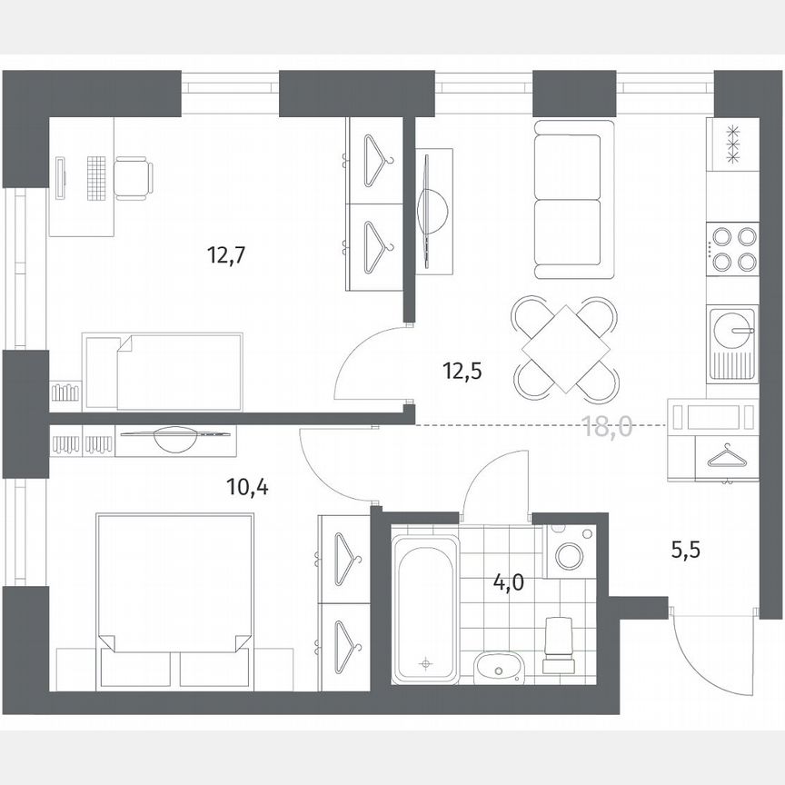 2-к. квартира, 45,2 м², 5/12 эт.