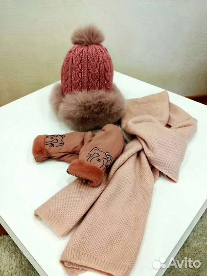 Шапка зимняя женская вязанная с мехом