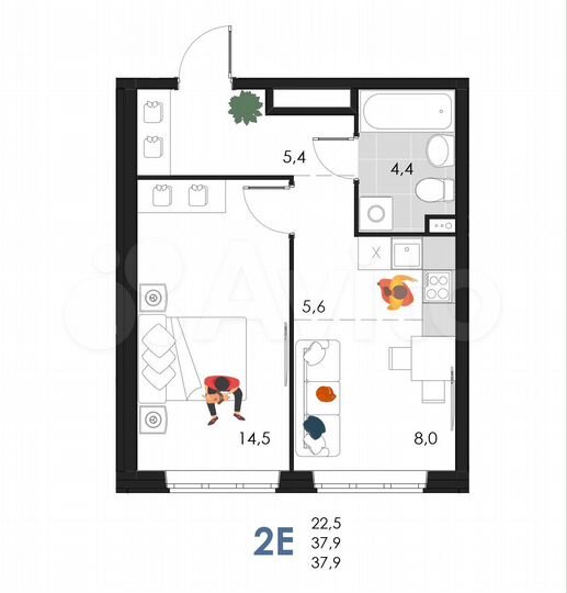 2-к. квартира, 37,9 м², 1/6 эт.