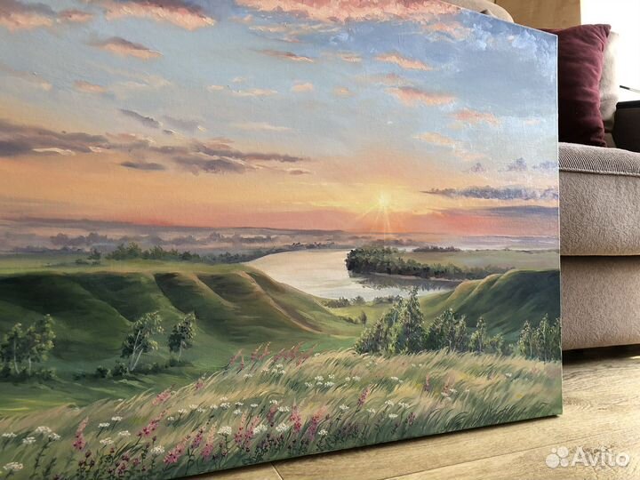 Картина маслом на заказ,пейзаж,облака,рассвет,река