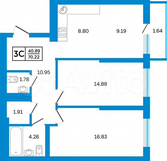 3-к. квартира, 70,2 м², 24/26 эт.