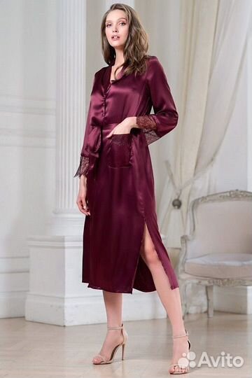 Халат длинный шелковый Sharon 3809 бордовый