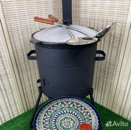 Казан чугунный 8 литров+очаг+шумовка+половник