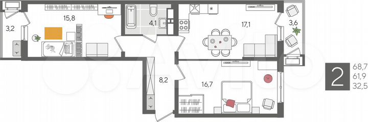 2-к. квартира, 68,7 м², 12/24 эт.