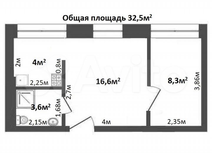 2-к. квартира, 32,5 м², 4/5 эт.