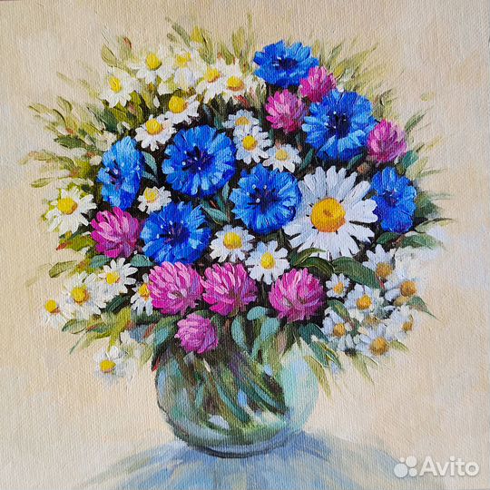 Картина холст, масло, рама Полевые цветы 25х25