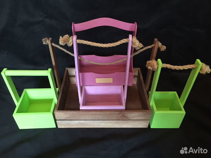 Корзинка-ящик с ручкой из дерева для подарков 5 шт