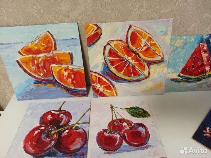 Фрукты гранат картина маслом миниатюра 15*15 см