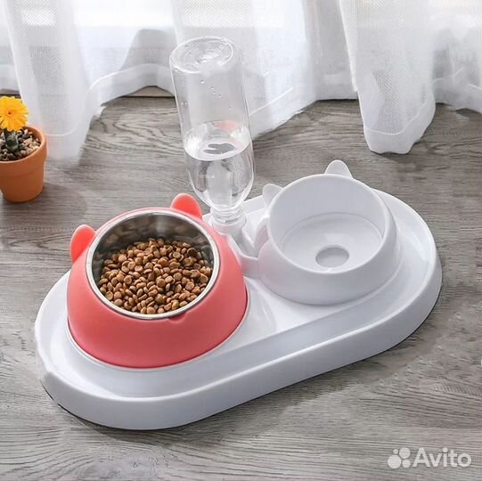 Миска для животных белая + розовая с поилкой
