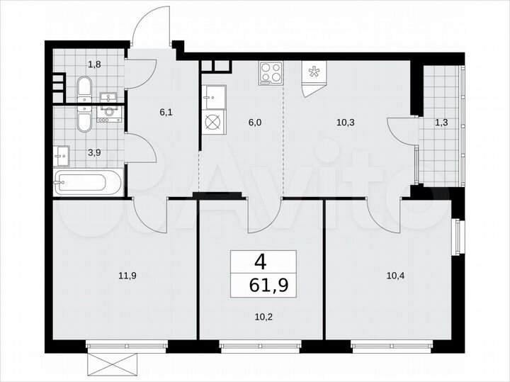 4-к. квартира, 61,9 м², 13/15 эт.